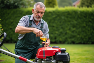 Homme en tenue de travail remplissant une tondeuse à l'huile dans un jardin