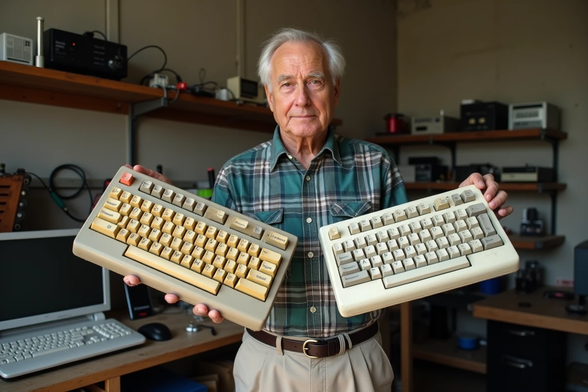 Homme restaurateur tenant un clavier dordinateur ancien