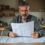 Homme d'âge moyen examinant des devis de rénovation dans une maison