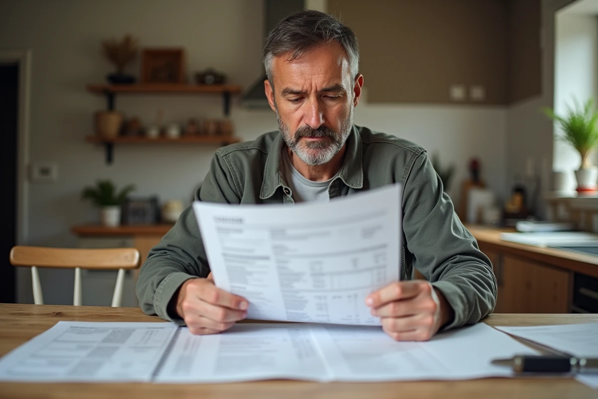 Homme d'âge moyen examinant des devis de rénovation dans une maison