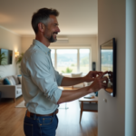 Homme d'âge moyen utilisant un panneau de contrôle intelligent dans un salon moderne