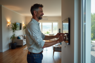 Homme d'âge moyen utilisant un panneau de contrôle intelligent dans un salon moderne