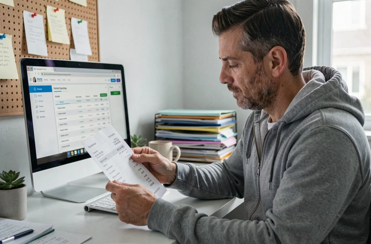 Homme comparant des factures imprimées à un logiciel de suivi budgétaire dans un bureau à domicile