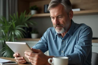 Homme d'affaires utilisant une tablette pour naviguer sur un site professionnel