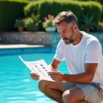 Homme d'âge moyen lisant un test d'eau de piscine au bord