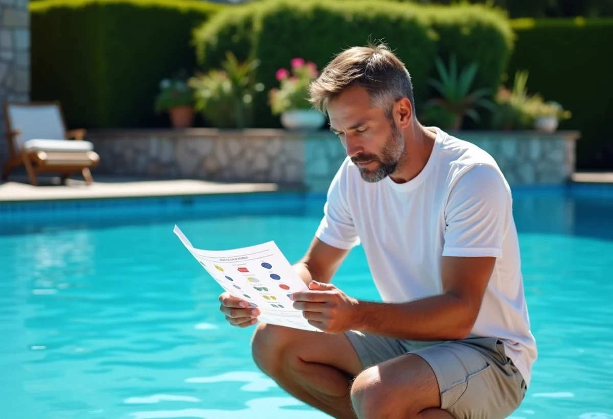 Homme d'âge moyen lisant un test d'eau de piscine au bord