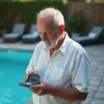 Homme vérifiant l'eau de la piscine avec un pH meter