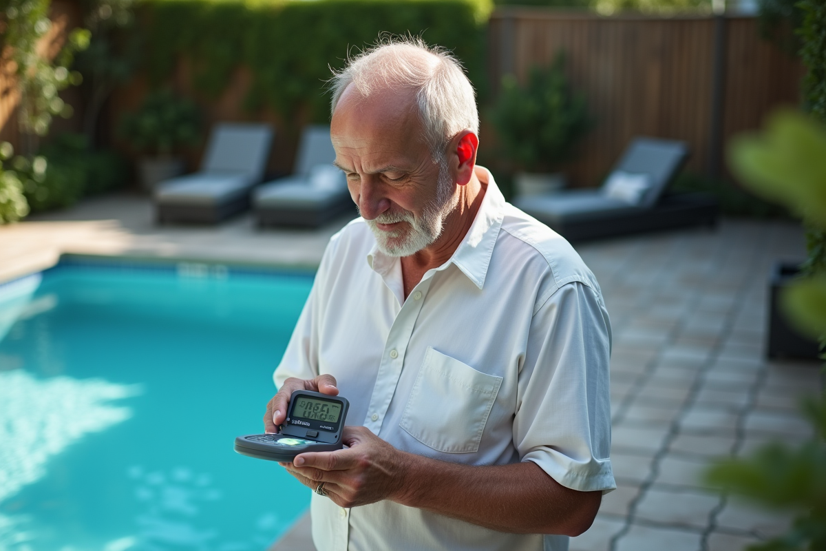 Homme vérifiant l'eau de la piscine avec un pH meter
