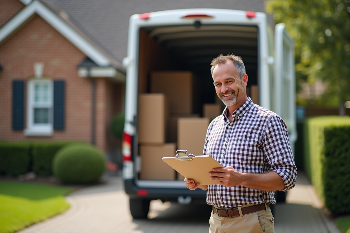 Homme vérifiant une liste de déménagement devant un camion dans la cour
