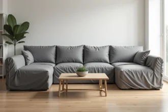 Housse canapé d'angle grise stretch bien ajustée dans un salon scandinave moderne avec parquet en chêne clair