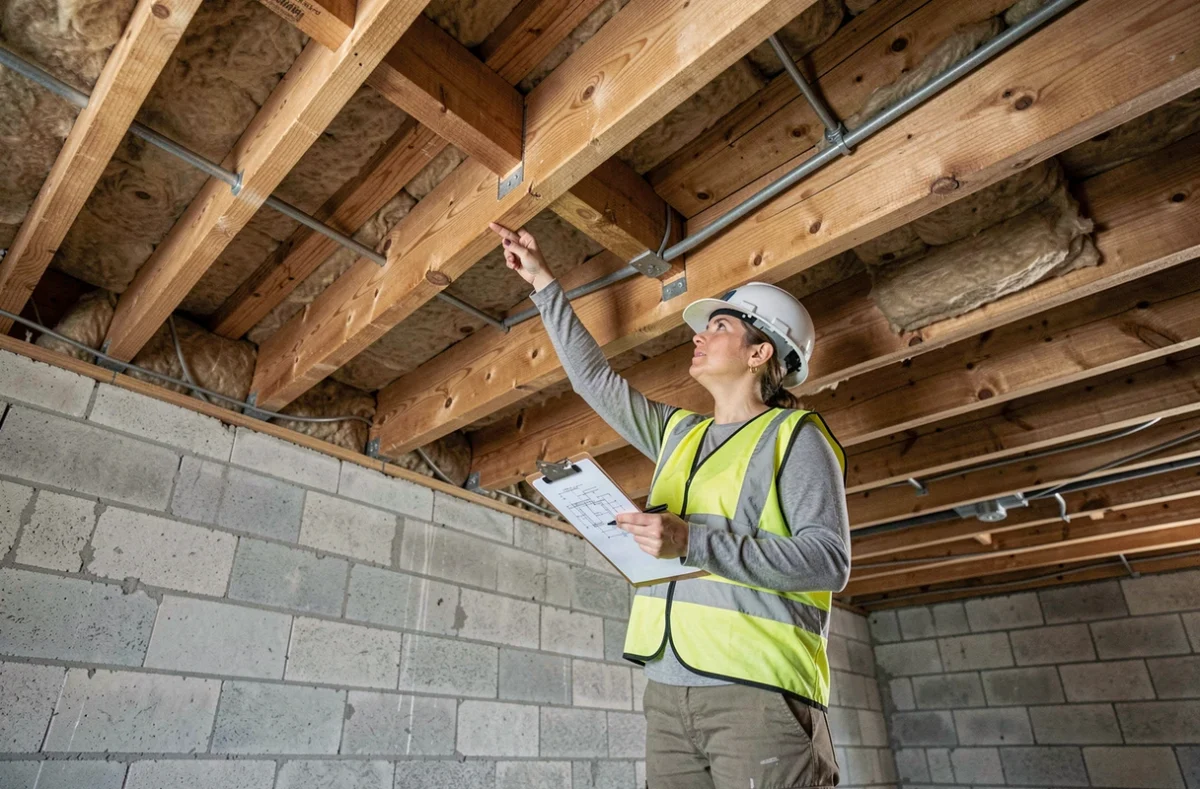 Ingénieure structure inspectant les solives en bois d'un plancher porteur dans un vide sanitaire de maison individuelle