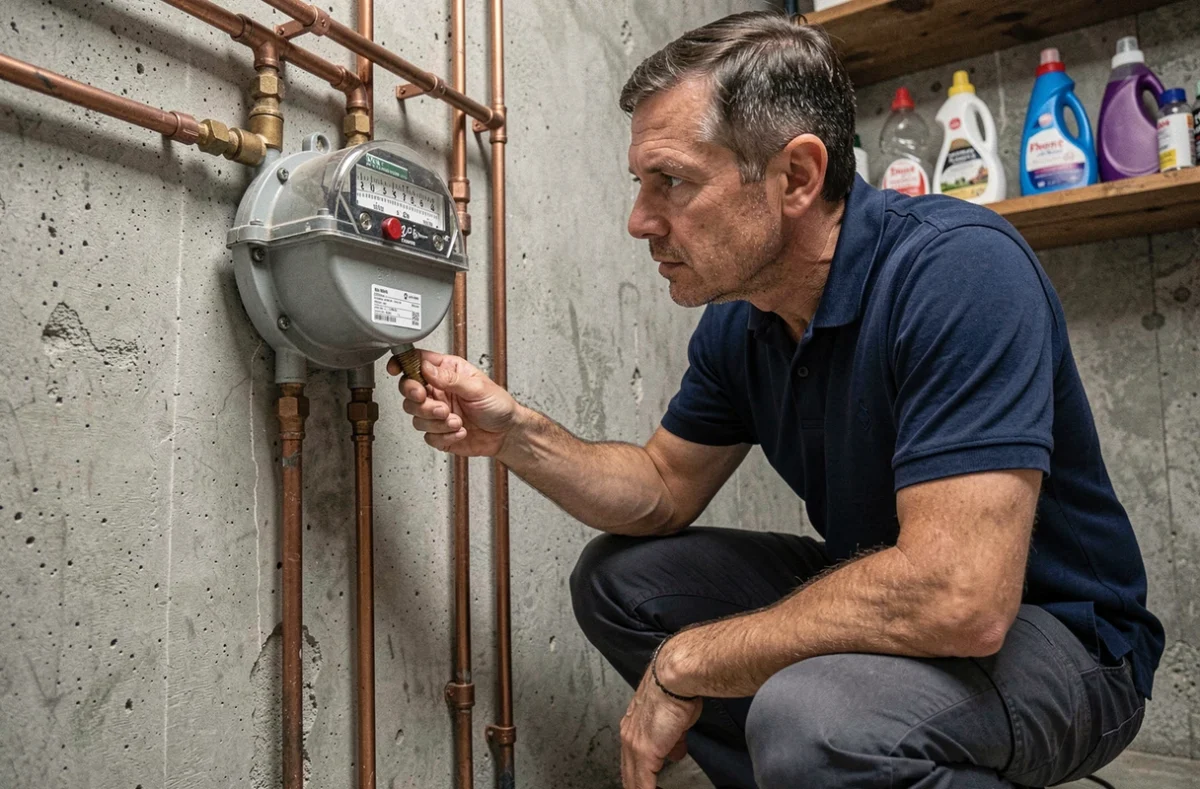 Homme inspectant un compteur d'eau mural dans une chaufferie domestique pour surveiller sa consommation