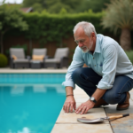 Homme inspectant les carreaux d'une piscine extérieure