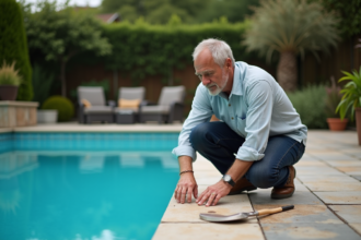 Homme inspectant les carreaux d'une piscine extérieure