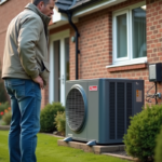 Homme inspectant une pompe à chaleur extérieure dans son jardin