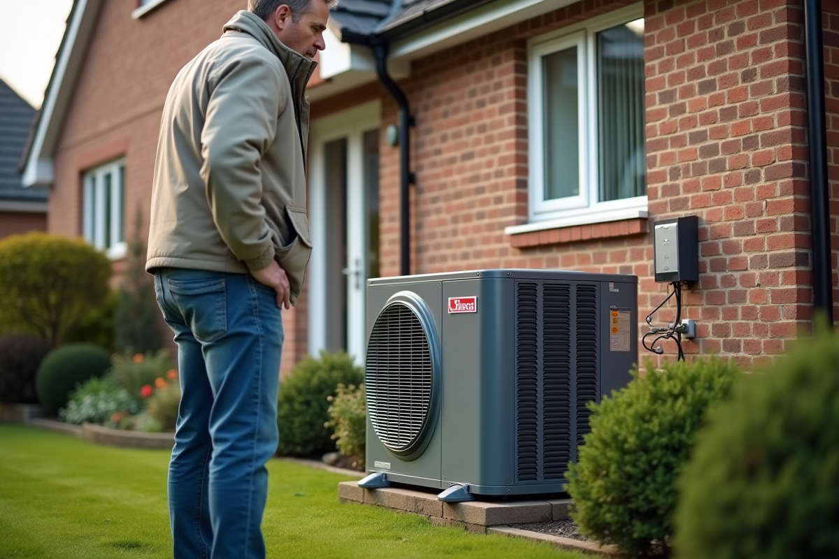 Homme inspectant une pompe à chaleur extérieure dans son jardin