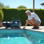 Homme d'âge moyen inspectant une pompe piscine moderne