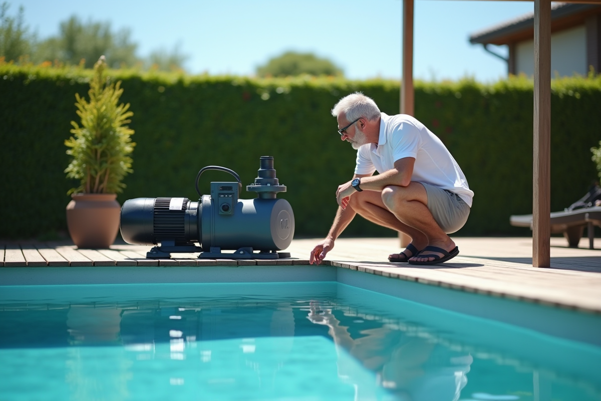 Homme d'âge moyen inspectant une pompe piscine moderne