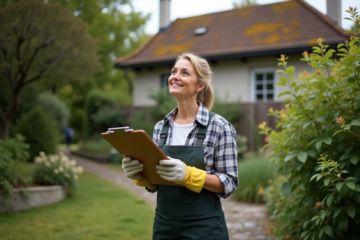 Femme inspectant un toit propre dans son jardin avec un sourire