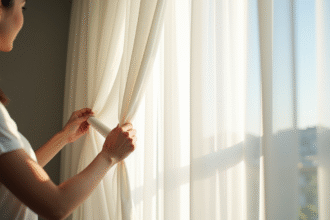 Personne installant un rideau blanc dans un salon lumineux