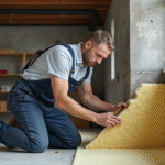 Homme en salopette posant de l'isolant dans un sous-sol