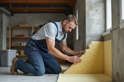 Homme en salopette posant de l'isolant dans un sous-sol