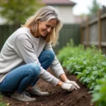 Femme plantant de la menthe dans un jardin bio