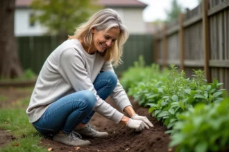 Femme plantant de la menthe dans un jardin bio