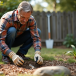 Homme jardinant près d'un nid de lézard dans le jardin