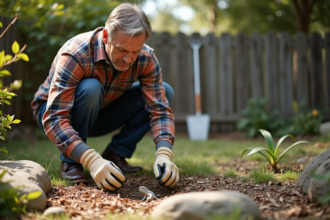 Homme jardinant près d'un nid de lézard dans le jardin