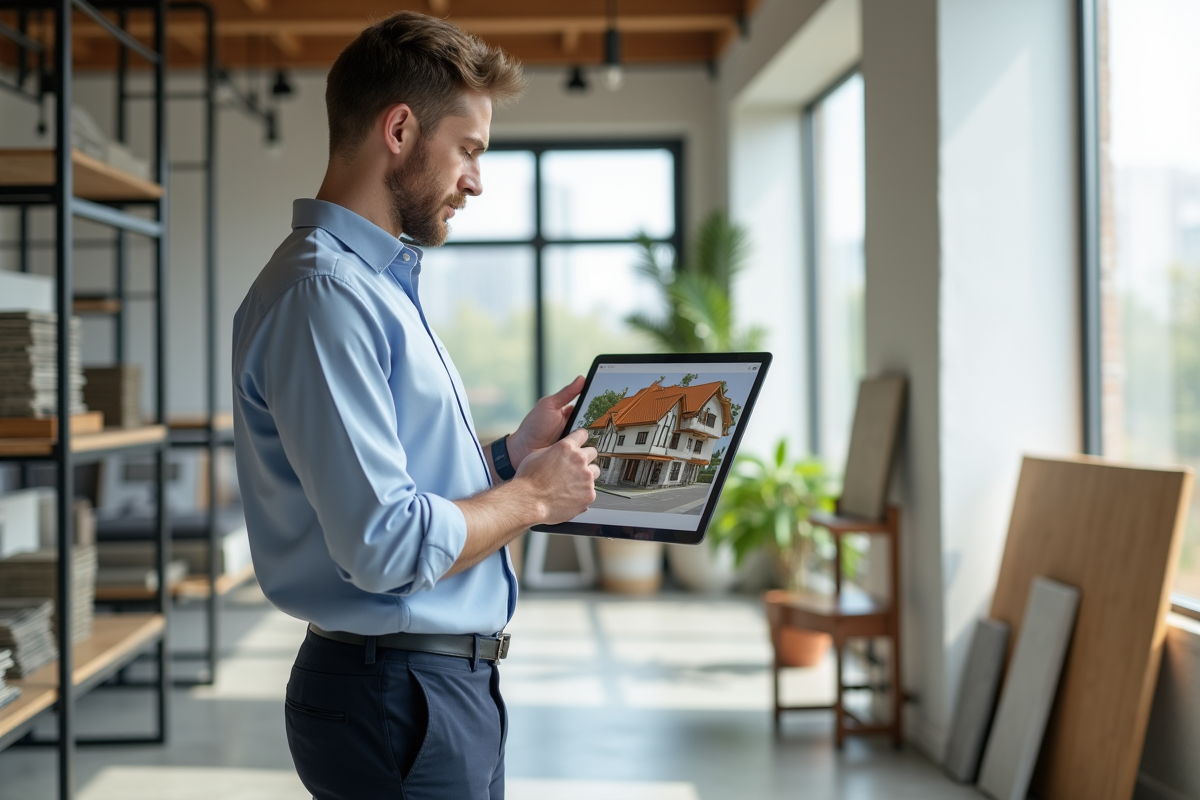 Jeune architect regardant un modèle 3D sur tablette