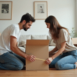Jeune couple en déménagement dans un appartement lumineux