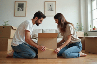 Jeune couple en déménagement dans un appartement lumineux