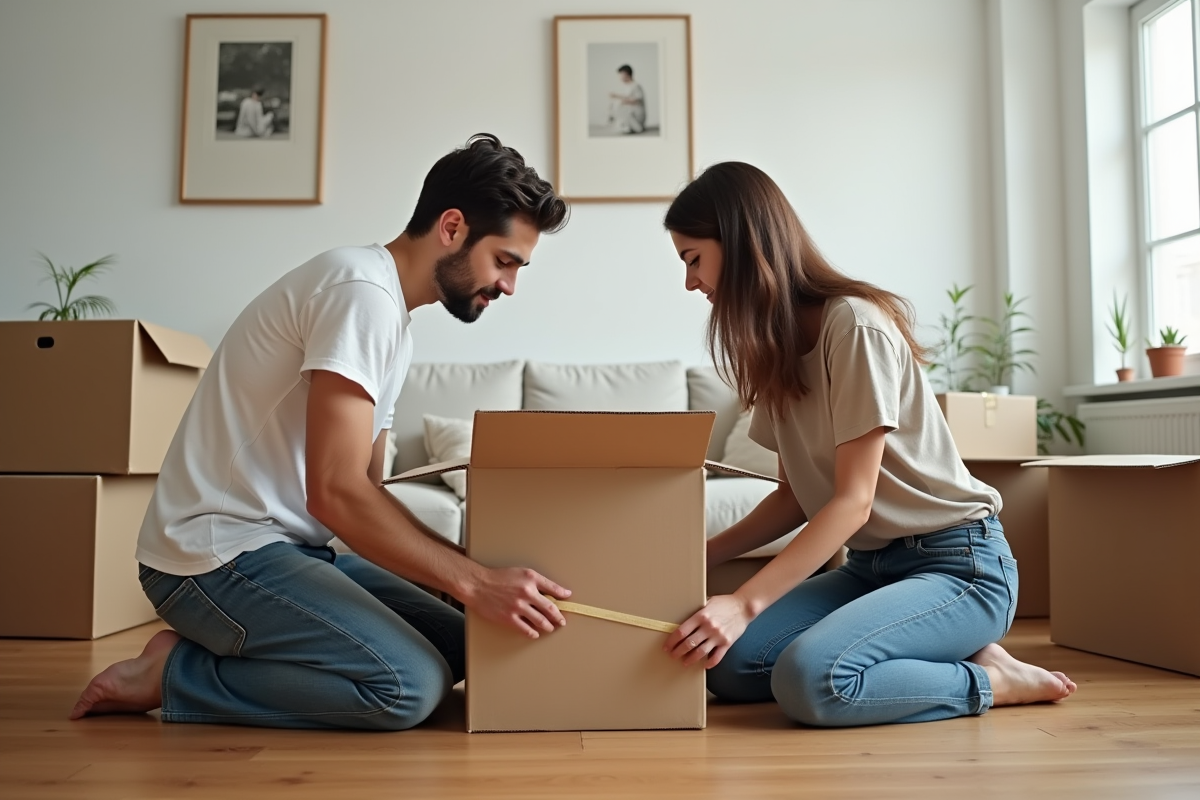 Jeune couple en déménagement dans un appartement lumineux