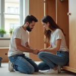 Jeune couple en train de démonter un meuble en bois dans le salon