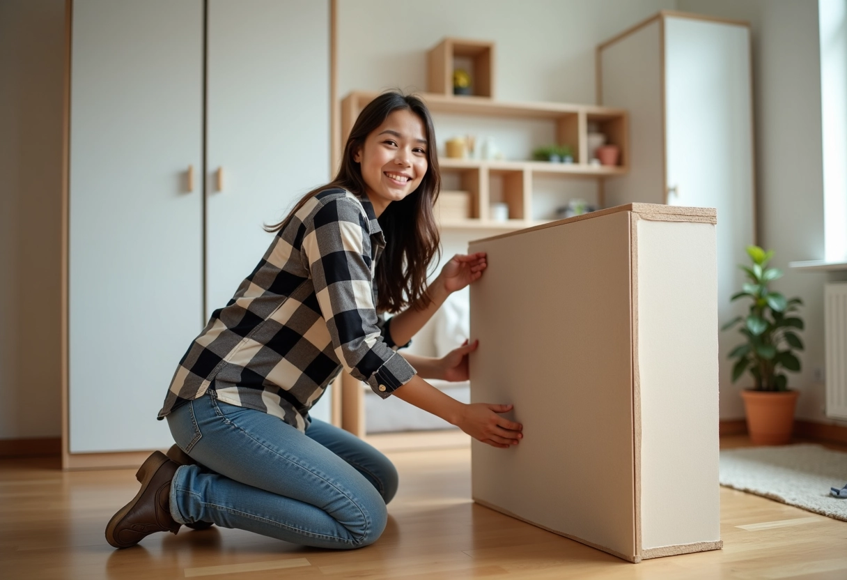 Jeune femme bricoleuse pose un panneau de plâtre