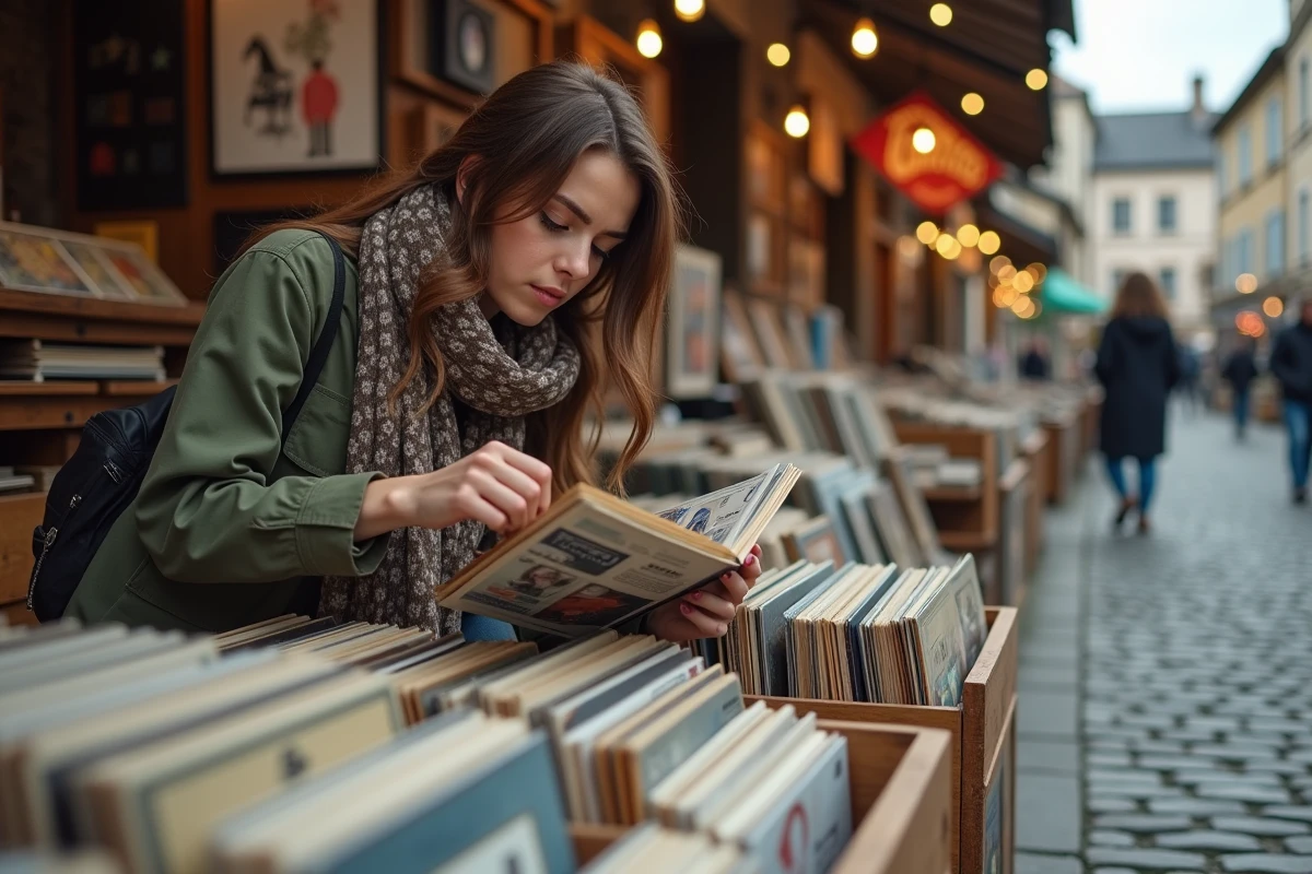 Jeune femme regardant des disques dans une brocante