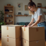 Jeune femme plie des cartons de déménagement dans un appartement