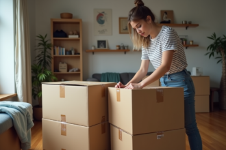 Jeune femme plie des cartons de déménagement dans un appartement
