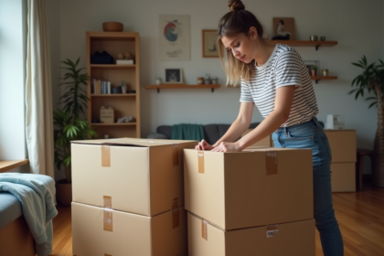 Jeune femme plie des cartons de déménagement dans un appartement