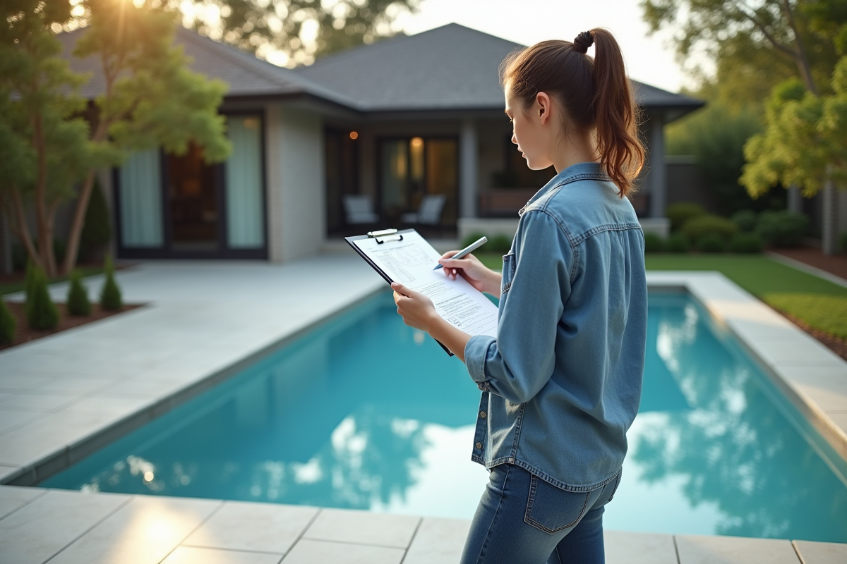Jeune femme vérifiant plans près de la piscine finie