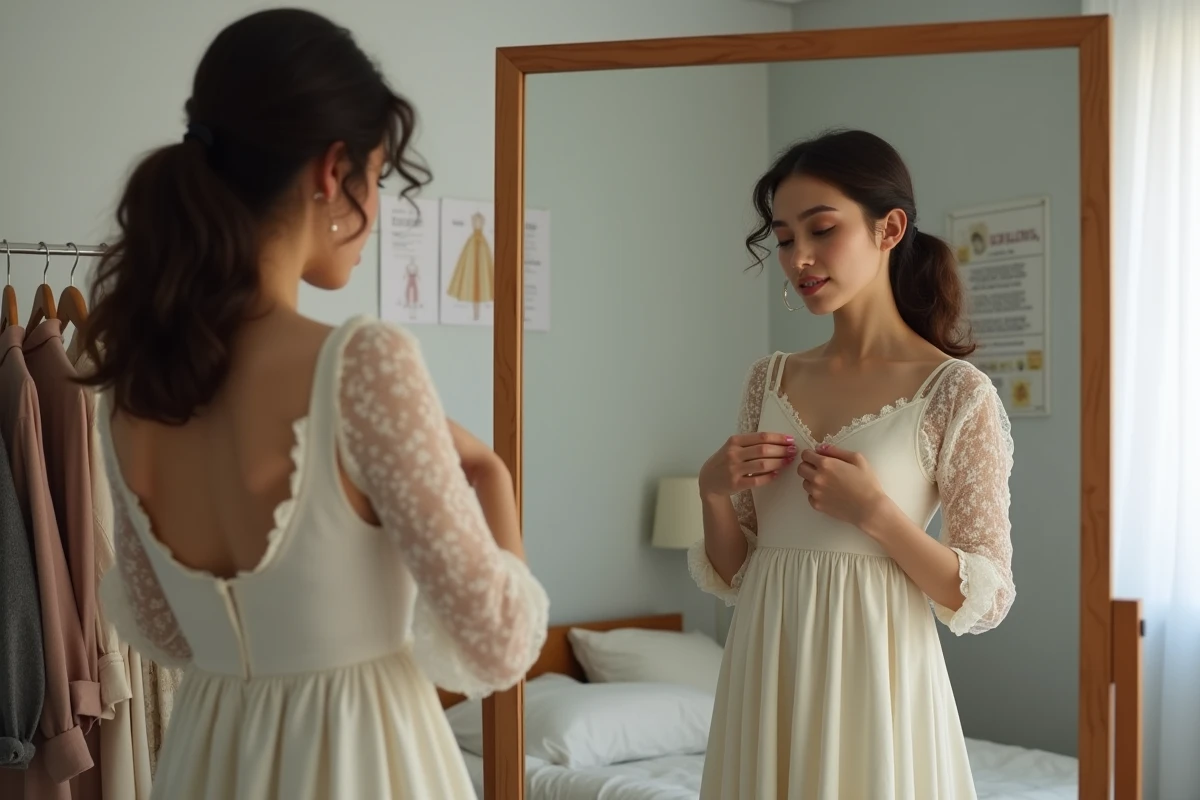 Jeune femme ajustant une robe cousue main devant un miroir en suivant un patron de couture