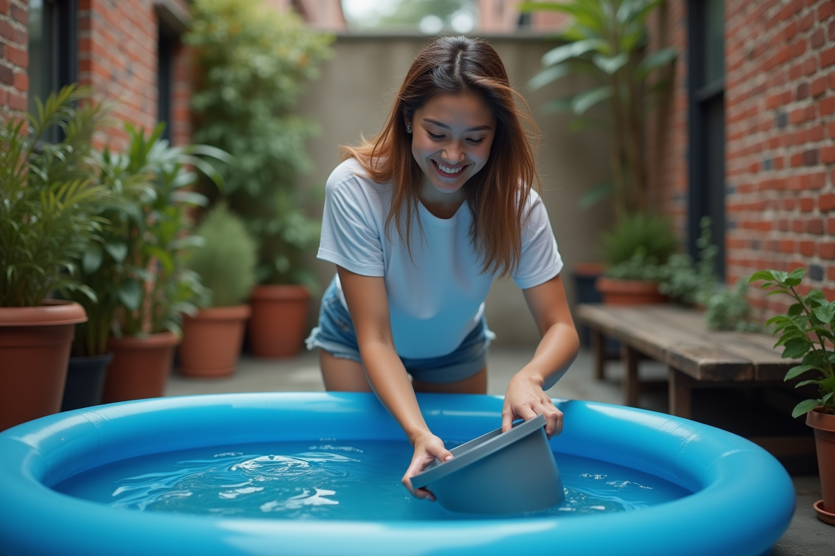 Jeune femme remplissant une piscine gonflable en ville