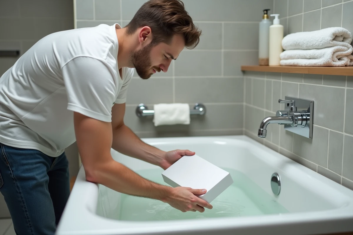 Jeune homme nettoyant un appareil en plastique dans la baignoire
