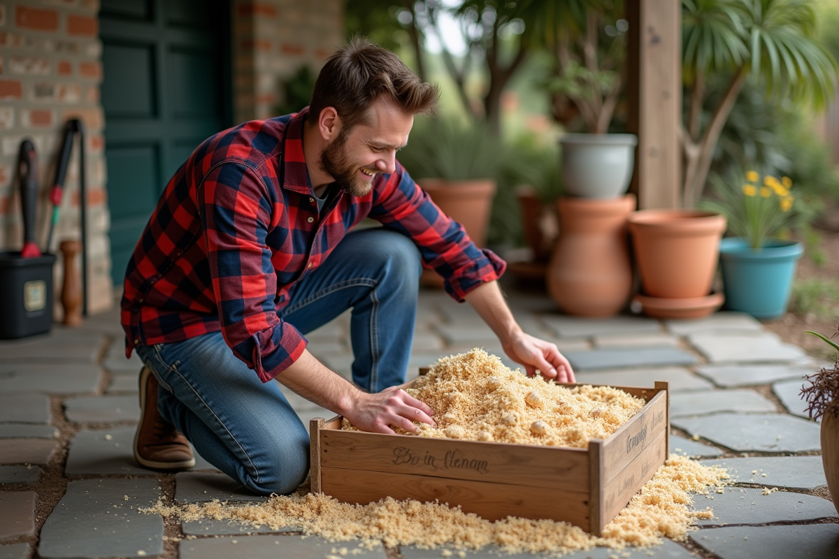 Jeune homme emballant des bulbes de lys dans une caisse en bois