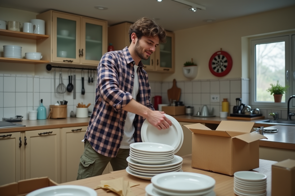 Jeune homme emballant de la vaisselle dans la cuisine