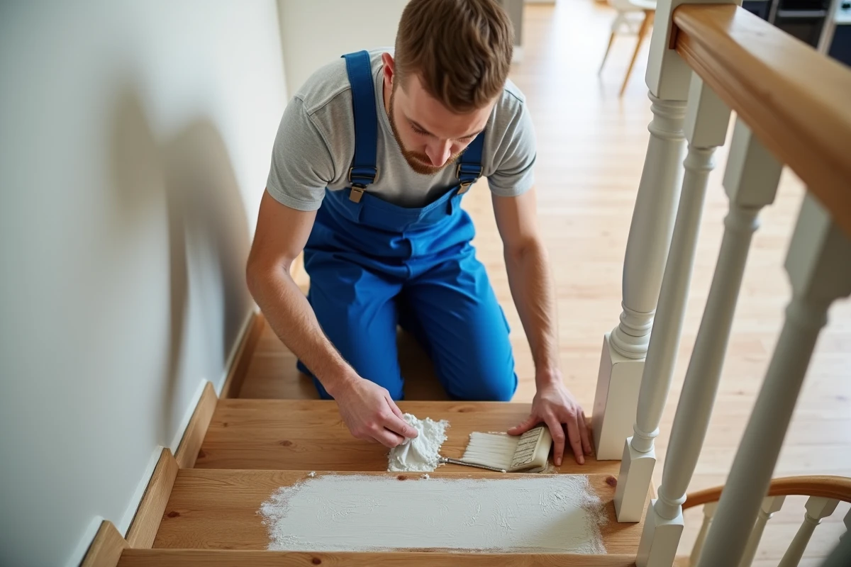 Jeune homme peignant un escalier en bois avec un pinceau