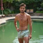 Jeune homme inquiet au bord d'une piscine verte en été