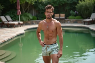 Jeune homme inquiet au bord d'une piscine verte en été