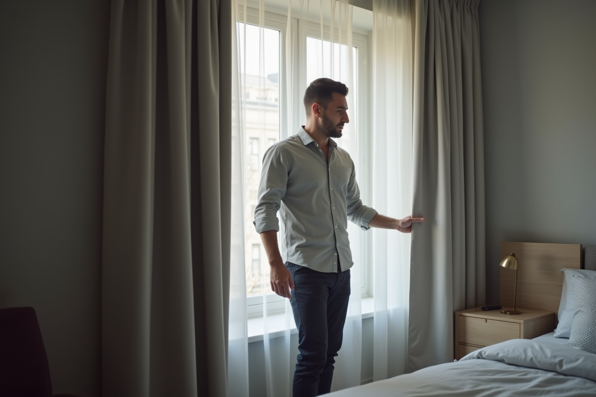 Jeune homme tirant un rideau occultant dans une chambre